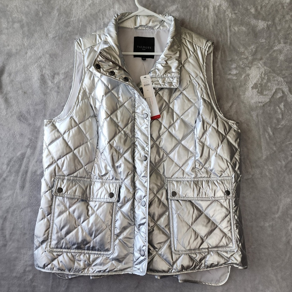 Talbots Puffer Vest Womens Size 1X Quilted Down Filled Metallic Silver Zip NWT